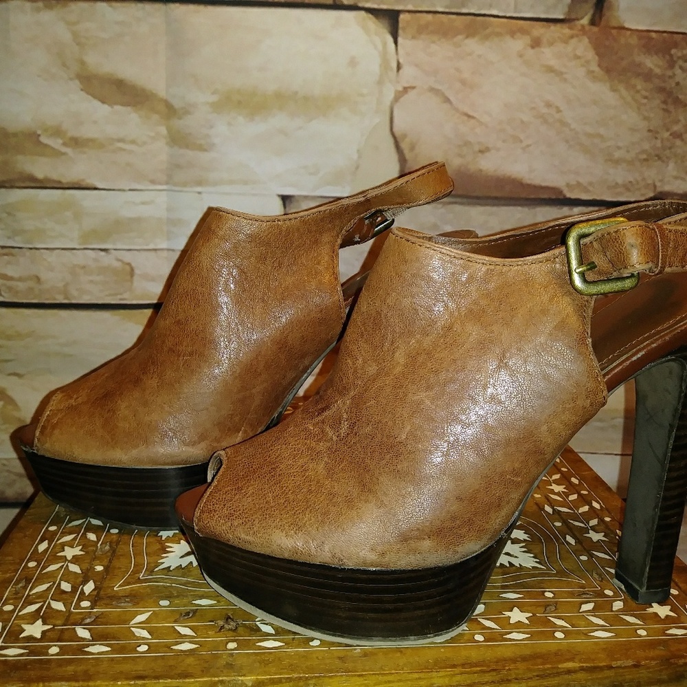 Brown leather ALDO peeptoe platform slingbacks